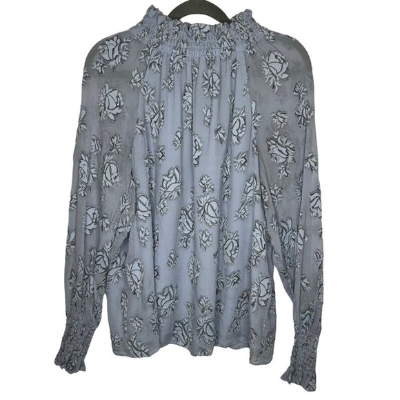 Rebecca Taylor Smocked Neck Silk Blend Rose Print Blouse‎ Light Blue Metallic 10 - Picture 9 of 11